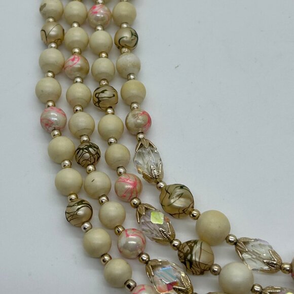 Vintage 4-Strand Japan Necklace Pink Swirled Beads Glass Acrylic Gold-Tone 1950s - Picture 12 of 16